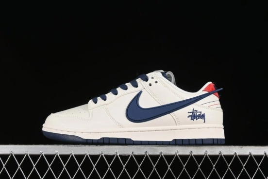Nike SB Dunk Low Stussy Collaboration - Off White with Big Blue Swoosh Anniversary High-End Custom Low-Top Casual Skate Shoes - XY1688-009