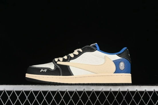 Nike Travis Scott x Fragment Design x Air Jordan 1 Low OG SP AJ1 Bape Collaboration - Crocodile Leather Black White Blue Low Top Casual Sneakers - XZ2828-001