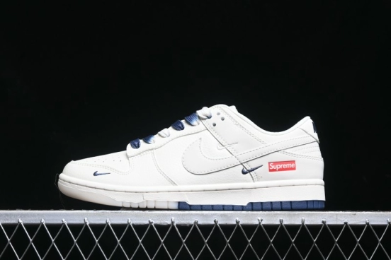 Nike SB Dunk Low Supreme Collaboration - White Blue Color Blocking with Mini Swoosh Anniversary Custom Edition Low-Top Casual Skate Shoes - BB8675-110