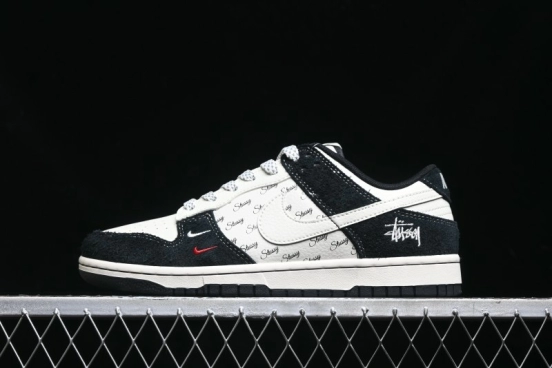 Nike SB Dunk Low Stussy Collaboration - Black White Mini Swoosh Anniversary Custom Low-Top Casual Skate Shoes - XY1688-017