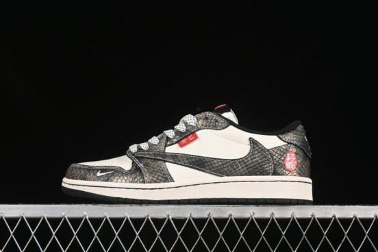 Nike Travis Scott x Fragment Design x Air Jordan 1 Low OG SP AJ1 Year of the Snake Limited Edition Black Snake Grain Low-top Casual Sneakers - YX5066-309