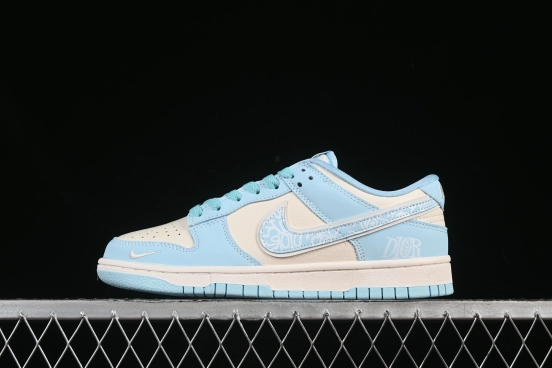 Nike SB Dunk Low Dior Collaboration Graffiti Blue Swoosh Anniversary Custom Low-Top Casual Skate Shoes - KK1333-037
