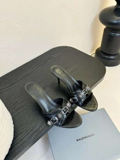 2025 Women Balenciaga Black Leather High Heel Metal Decoration KFY00290