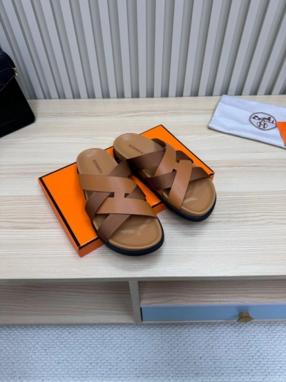 2025 Men Hermès Brown Leather Slippers