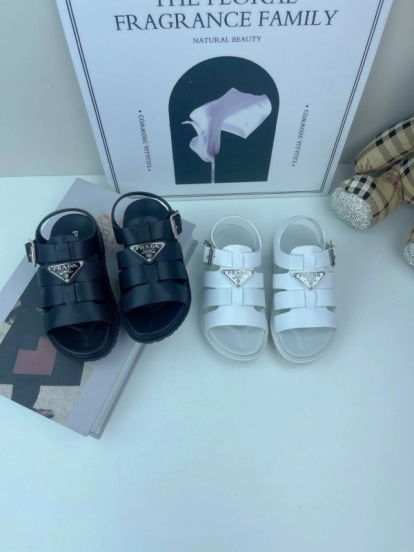 2025 Kids PRADA Black White Leather Sandals